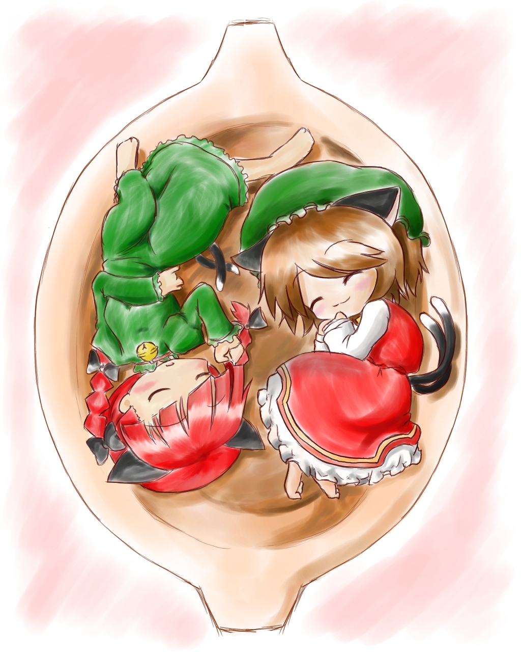 fuugetsu oreha ikiru, chen, kaenbyou rin, touhou, highres, 2girls, animal ears, barefoot, braid, brown hair, cat ears, cat girl, cat tail, chibi, dress, female focus, full body, hair ribbon, hat, multiple girls, neko nabe, red hair, ribbon, short hair, sleeping, tail, twin braids, twintails