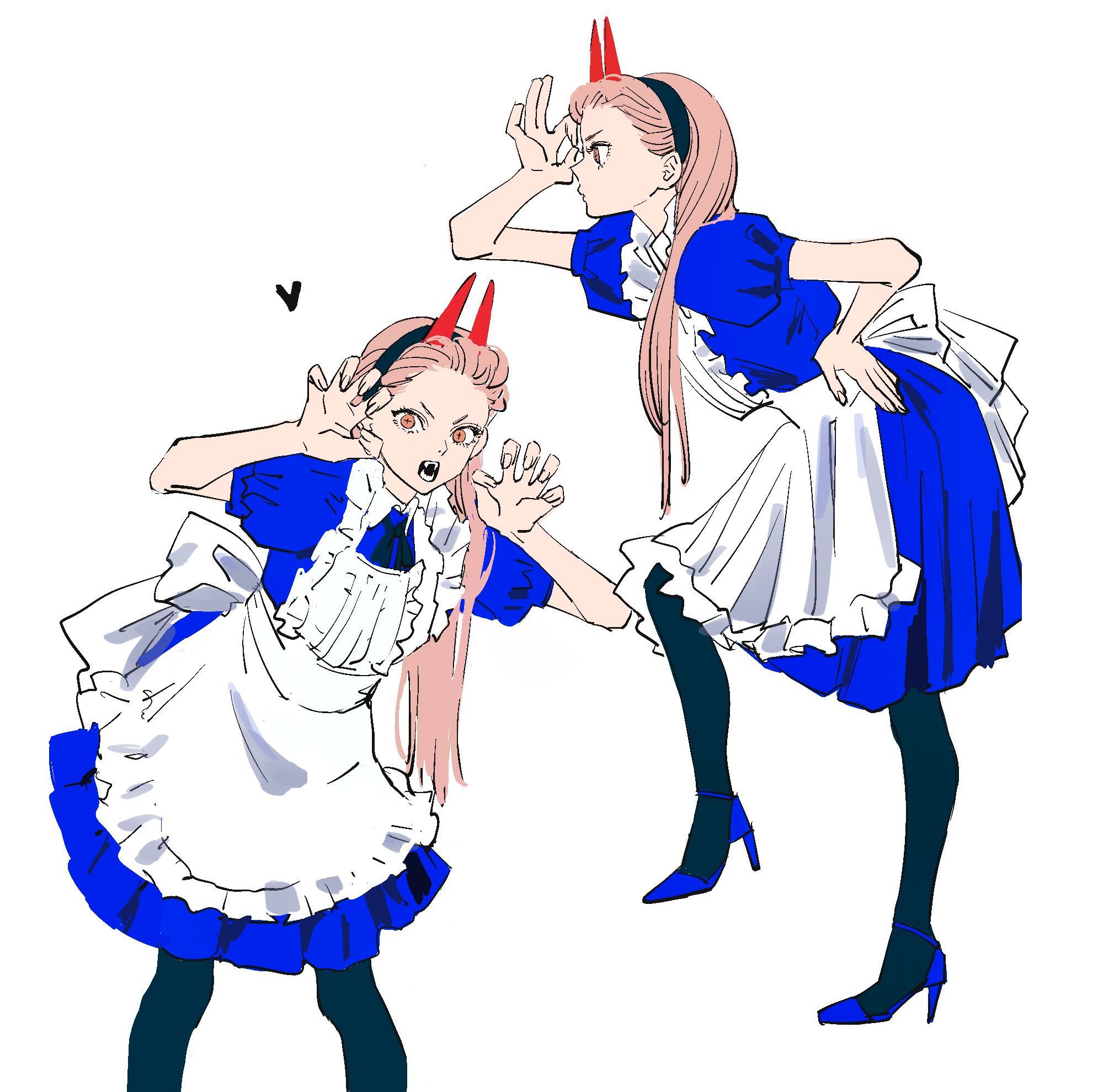 needbee r, power (chainsaw man), alice's adventures in wonderland, chainsaw man, highres, 1girl, apron, blue dress, blue shoes, claw pose, cosplay, cross-shaped pupils, demon girl, demon horns, dress, frills, from side, full body, hand on own hip, heart, high heels, horns, long hair, looking at viewer, multiple views, open mouth, pantyhose, puffy sleeves, red horns, sharp teeth, shoes, short sleeves, simple background, solo, spoken heart, straight-on, symbol-shaped pupils, teeth, white apron, white background