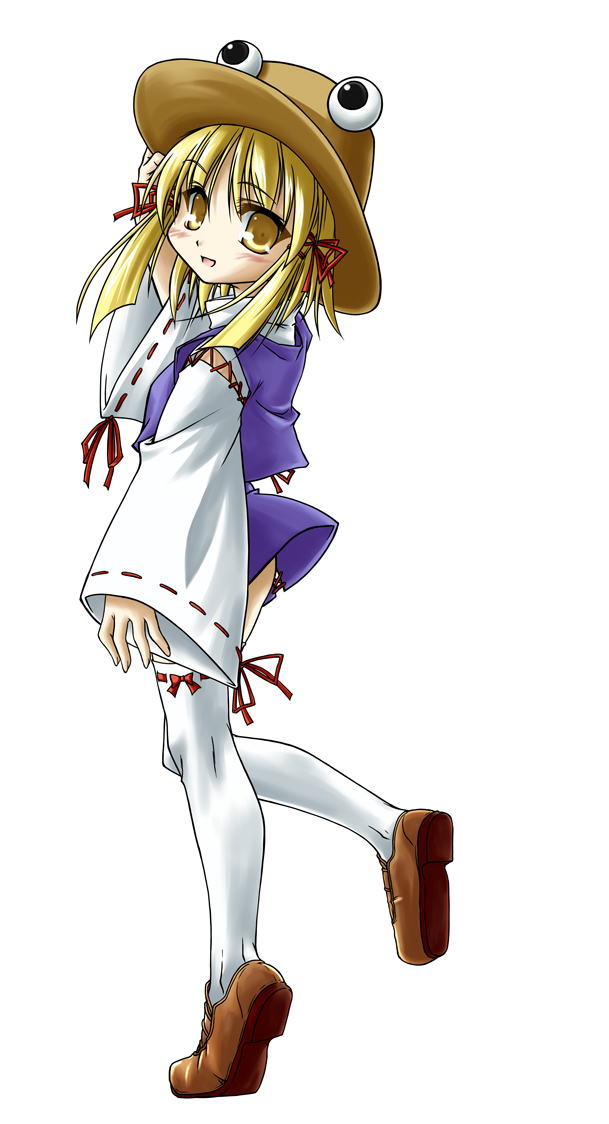 elehime, moriya suwako, touhou, 1girl, blonde hair, child, female focus, full body, hat, simple background, solo, standing, thighhighs, white background, yellow eyes