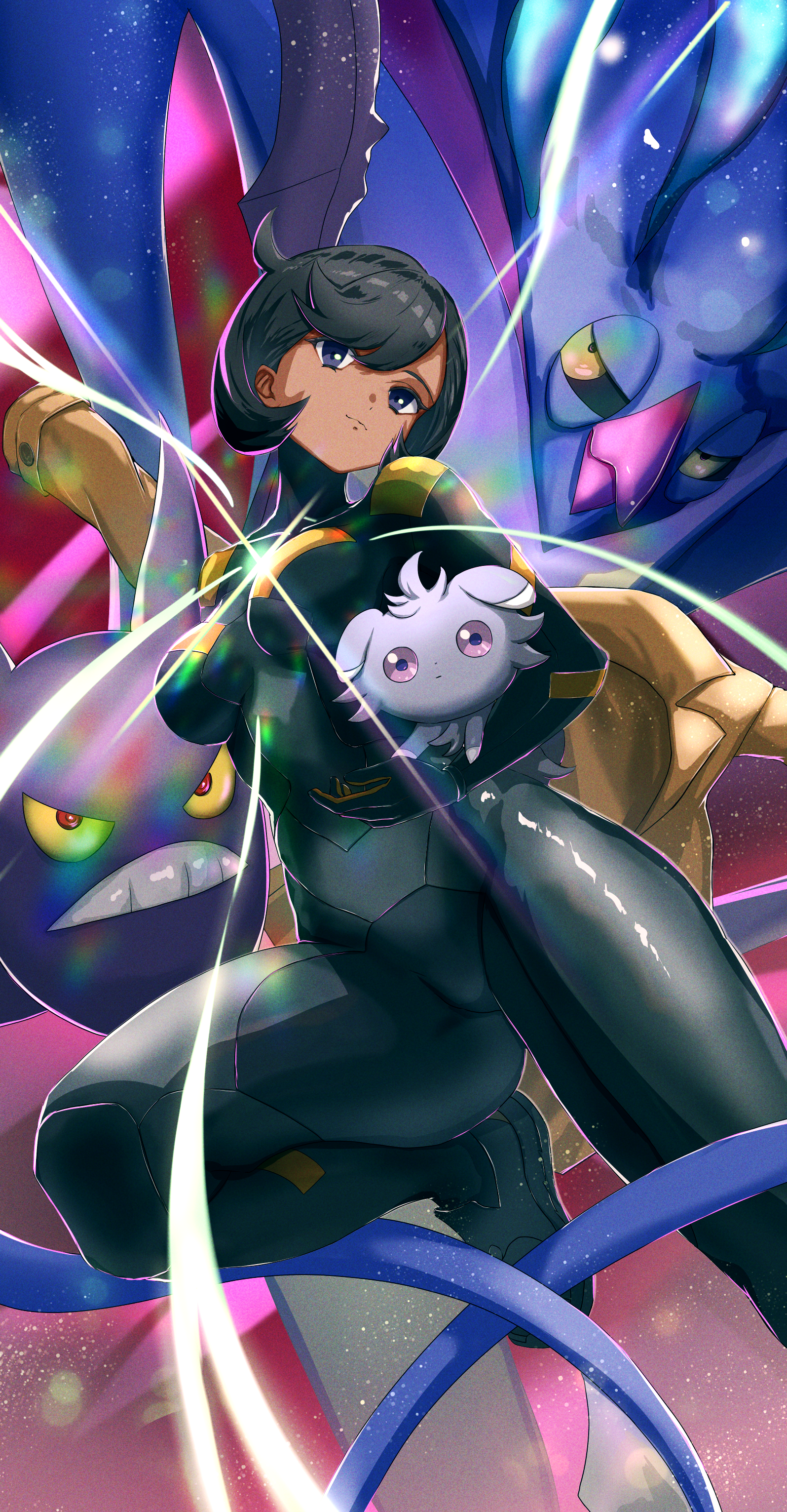 yuu (primenumber7), crobat, emma (pokemon), espurr, nintendo, pokemon, pokemon legends: z-a, absurdres, highres, 1girl, black bodysuit, black hair, bodysuit, breasts, brown jacket, closed mouth, gen 2 pokemon, gen 6 pokemon, holding, holding pokemon, jacket, looking at viewer, medium breasts, pokemon (creature), purple eyes, short hair, thighs