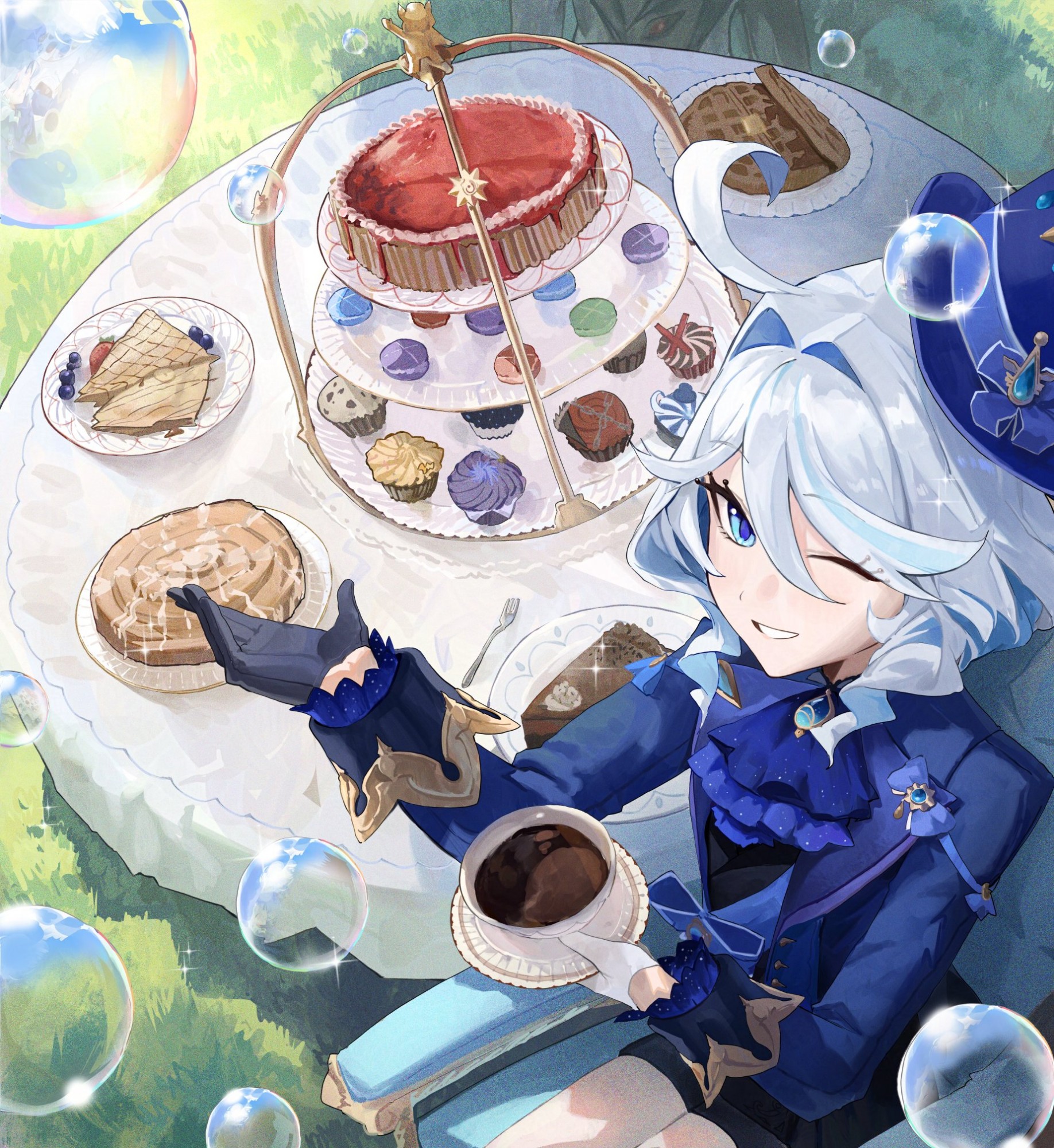 yukii91218, furina (genshin impact), genshin impact, highres, 1girl, ;), ascot, asymmetrical gloves, black ascot, blue ascot, blue eyes, blue gemstone, blue hat, blue jacket, blue shirt, bow, cake, cake slice, cinnamon roll, closed mouth, coat, cosplay, cowlick, cup, cupcake, drop-shaped pupils, eyelash ornament, food, food focus, fork, furina (genshin impact) (cosplay), gem, gloves, hat, heterochromia, holding, holding plate, hydro symbol (genshin impact), jacket, mismatched gloves, mismatched pupils, multicolored hair, one eye closed, ouji fashion, pastry, plate, shirt, smile, solo, streaked hair, sweets, symbol-shaped pupils, syrup, teacup, top hat, waffle