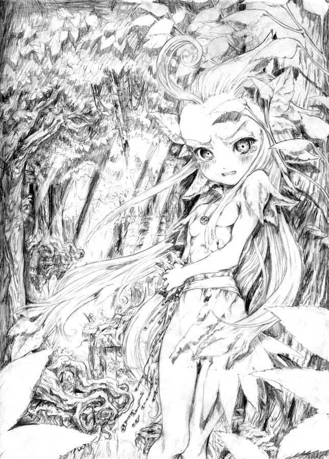 katzeh, kupala (sekaiju), atlus, etrian odyssey, against tree, ahoge, angry, bandages, bleeding, blood, blush, flat chest, forest, greyscale, injury, jewelry, long hair, monochrome, nature, necklace, nude, sunlight, tears, torn clothes, tree