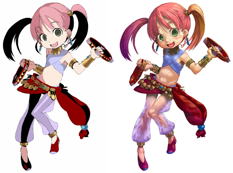 himukai yuuji, katzeh, bard (sekaiju), bard 2 (sekaiju), atlus, etrian odyssey, alternate color, anklet, armband, bracelet, comparison, flat chest, instrument, jewelry, midriff, tambourine