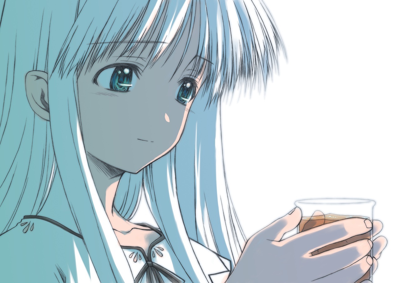 kurosu tsugutoshi, tasogare, 1girl, aqua eyes, blue hair, drink, female focus, glass, long hair, solo, white hair