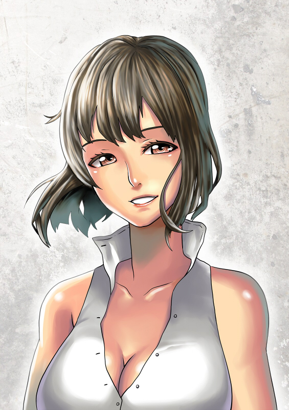 yokkora, original, bad id, bad pixiv id, breasts, brown eyes, brown hair, cleavage, large breasts, short hair, solo