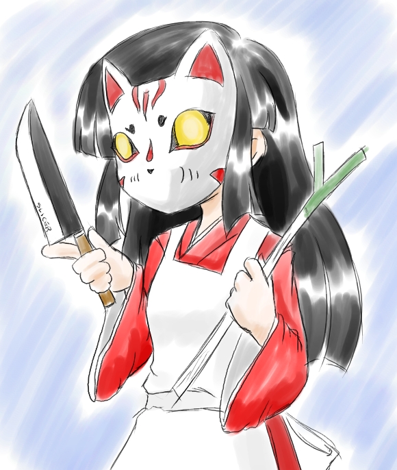 fuugetsu oreha ikiru, original, 1girl, black hair, borrowed character, female focus, fox mask, knife, long hair, mask, short hair, solo, spring onion