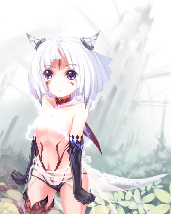 observerz, original, bad id, bad pixiv id, 1girl, choker, elbow gloves, female focus, gloves, horns, monster girl, panties, purple eyes, short hair, solo, tail, tattoo, topless female, underwear, white hair