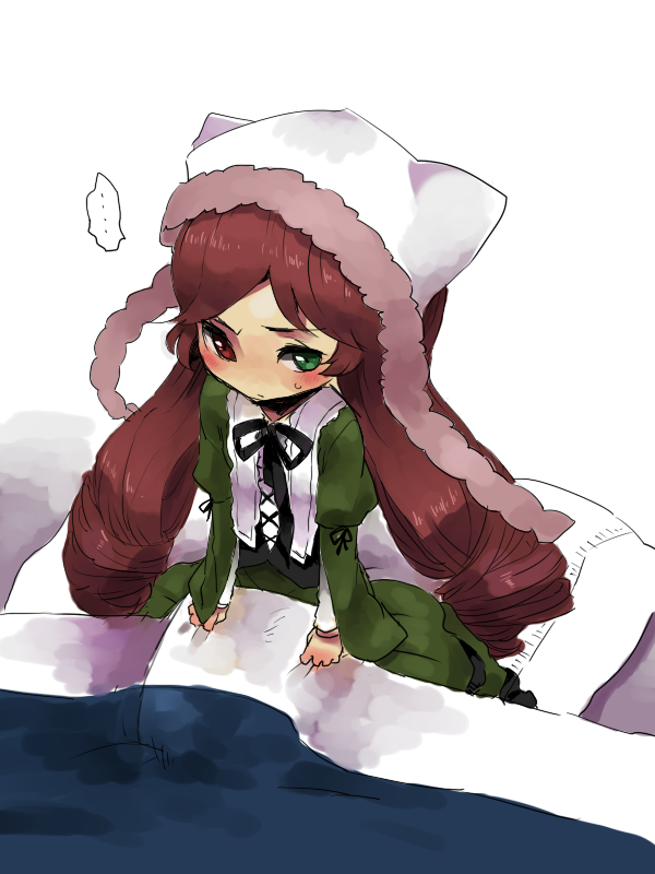 ichihaya, suiseiseki, rozen maiden, 00s, bed, blush, brown hair, dress, headscarf, heterochromia, long hair, pillow, solo, white headscarf