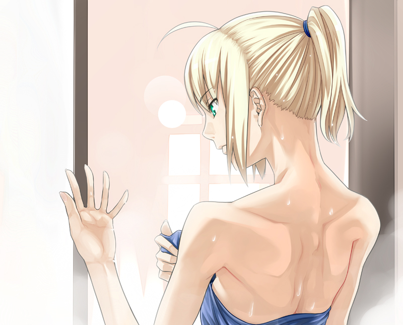 nazo kichi, artoria pendragon (fate), saber (fate), fate/stay night, fate (series), 00s, 1girl, ahoge, back, bare back, bare shoulders, blonde hair, female focus, green eyes, nape, outstretched hand, ponytail, short hair, solo, towel, upper body, wet