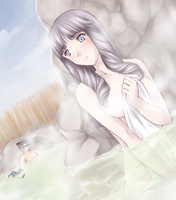 microspace, jack frost (megami tensei), kuzunoha raidou, nagi (devil summoner), devil summoner (series), 1boy, 1girl, bath, black hair, blue eyes, hat, long hair, mixed-sex bathing, nude, onsen, shared bathing