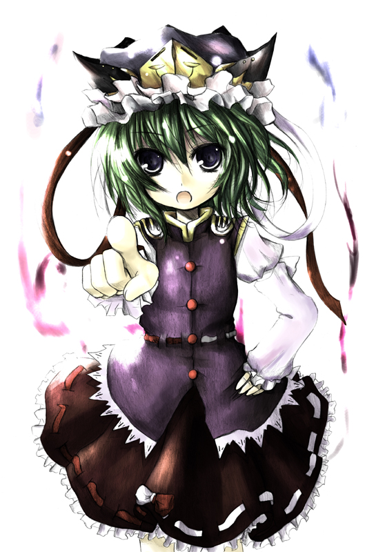 kurona, shiki eiki, touhou, 1girl, blue eyes, female focus, green hair, hand on own hip, hip focus, looking at viewer, ribbon, short hair, simple background, solo, white background