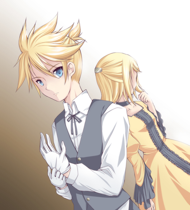 microspace, allen avadonia, kagamine len, kagamine rin, riliane lucifen d'autriche, aku no musume (vocaloid), evillious nendaiki, vocaloid, 1boy, 1girl, blonde hair, blue eyes, brother and sister, short hair, siblings, twins