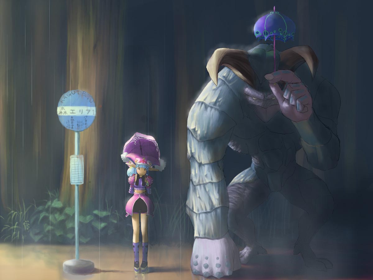 chao (sonic), fonewearl, hildebear, hildetorr, neutral chao, rupika, phantasy star, phantasy star online, sonic (series), studio ghibli, tonari no totoro, platform footwear, 1girl, bike shorts, blue hair, blush, bus stop, forest, hat, midriff, monster, nature, parody, pointy ears, puffy sleeves, rain, sign, size difference, skirt, smile, standing, totoro bus stop, umbrella