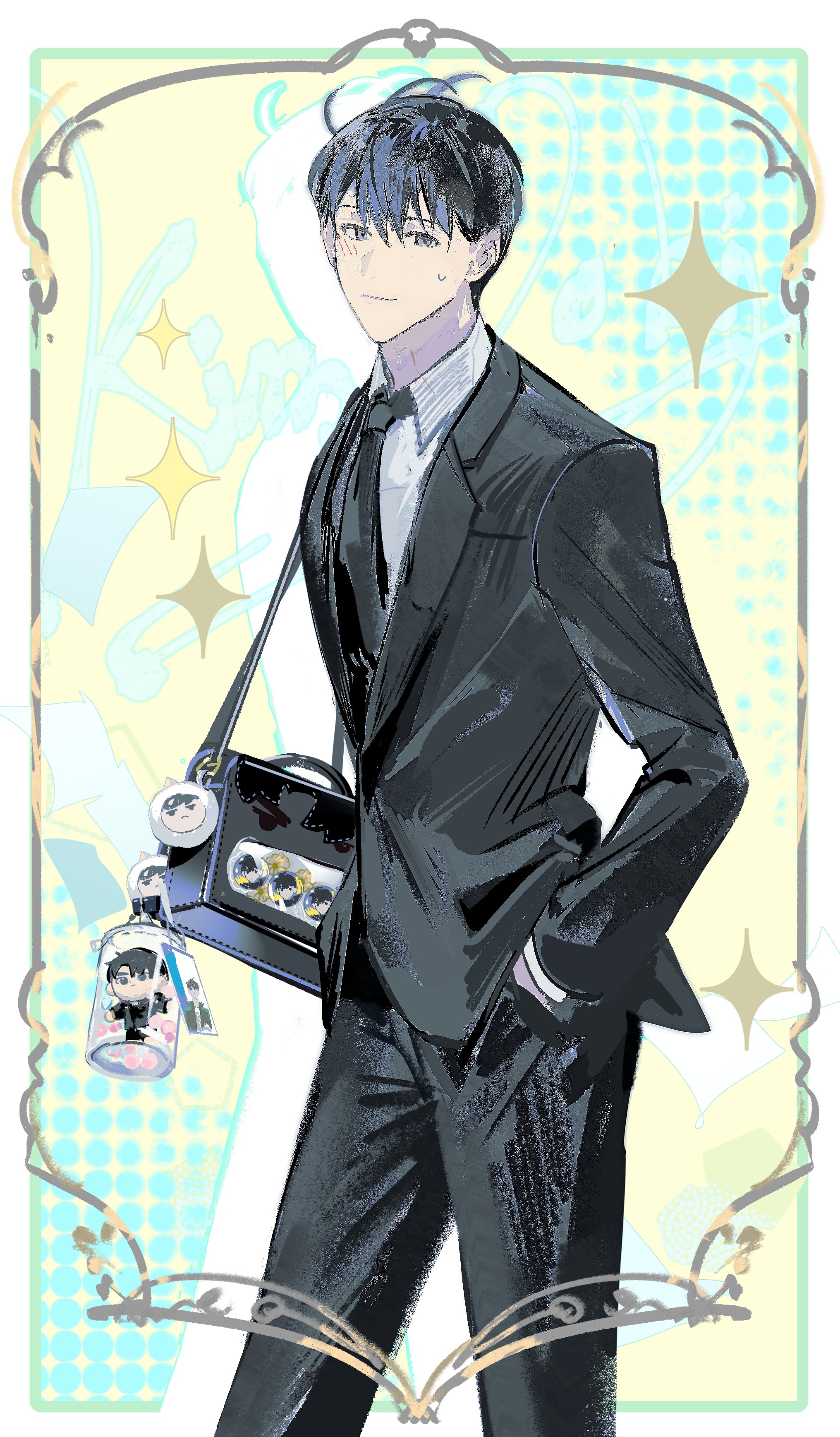 lantercat, kim dokja, yoo joonghyuk, omniscient reader's viewpoint, absurdres, highres, 1boy, bag, black coat, black eyes, black hair, black necktie, black vest, border, character charm, charm (object), coat, collared shirt, cowboy shot, drop shadow, halftone, hands in pockets, looking at viewer, male focus, necktie, ornate border, pastel colors, shirt, short hair, shoulder bag, smile, solo, sparkle, sweatdrop, vest, white shirt