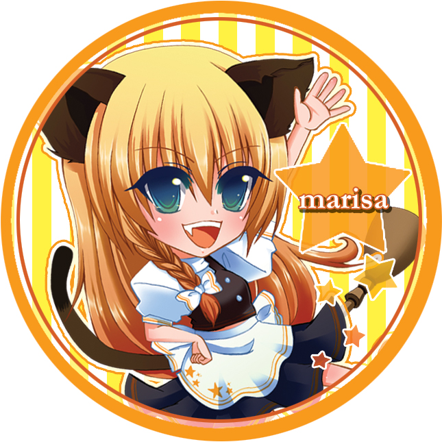 nonoko, yuuka nonoko, kirisame marisa, touhou, bad id, bad pixiv id, 1girl, animal ears, blonde hair, cat ears, cat girl, cat tail, fang, female focus, skirt, solo, tail, white background