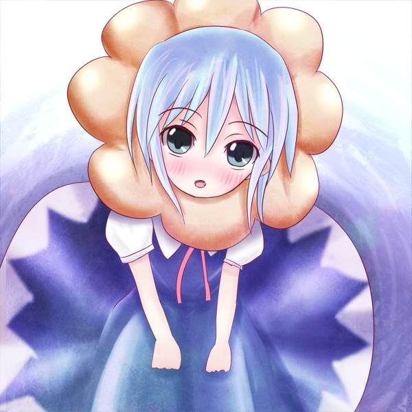 non (nobu), cirno, touhou, 1girl, animal costume, blue eyes, blue hair, blush, female focus, hair between eyes, lion, lion costume, matching hair/eyes, open mouth, solo