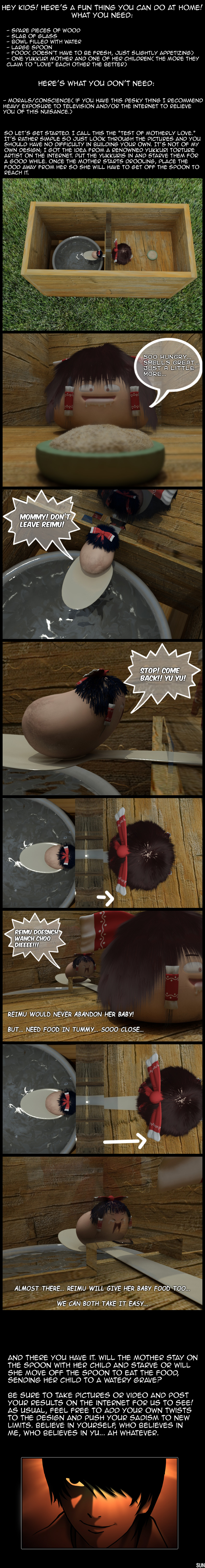sun (artist), yukkuri reimu, touhou, english, absurdres, highres, long image, tall image, 3d, black hair, koyukkuri, saliva, spoon, torture, yukkuri shiteitte ne