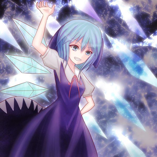 non (nobu), cirno, embodiment of scarlet devil, touhou, 1girl, blue eyes, blue hair, dress, female focus, ice, matching hair/eyes, solo, wings