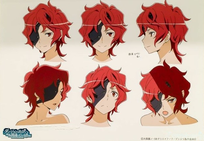 hephaistos (danmachi), dungeon ni deai wo motomeru no wa machigatteiru darou ka, official art, source request, 1girl, eyepatch, red hair, smile