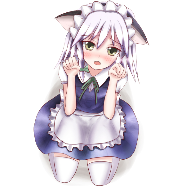 non (nobu), izayoi sakuya, touhou, 1girl, animal ears, blush, bow, braid, cat ears, cat girl, female focus, flat chest, hair bow, maid, maid headdress, open mouth, paw pose, solo, thigh gap, thighhighs, thighs, twin braids, white hair, yellow eyes