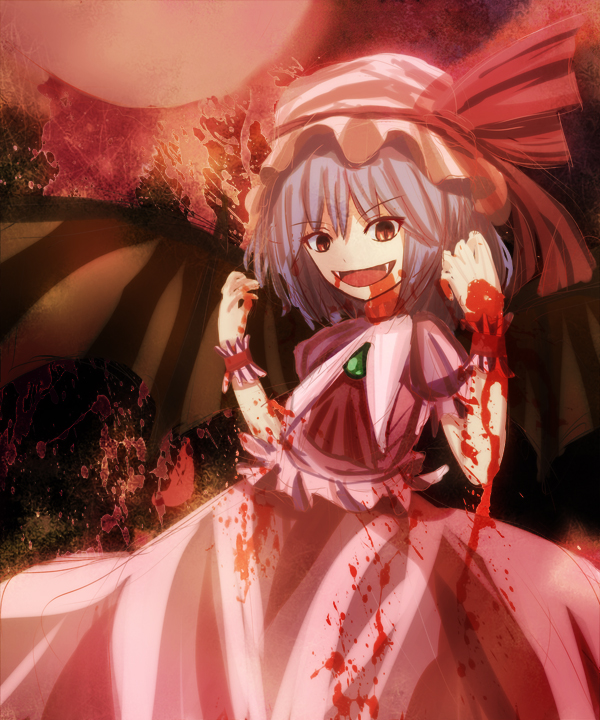 non (nobu), remilia scarlet, touhou, 1girl, bat wings, blood, blue hair, fangs, female focus, hat, open mouth, red eyes, solo, wings, yellow eyes