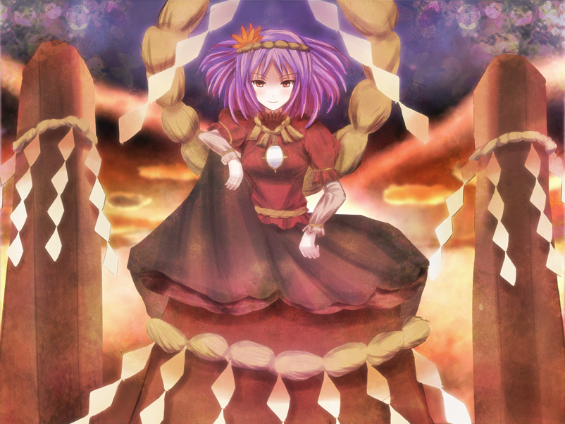 non (nobu), yasaka kanako, touhou, 1girl, blush, female focus, hair ornament, hairband, leaf, leaf hair ornament, maple leaf, onbashira, purple hair, red eyes, rope, shide, shimenawa, sitting, solo