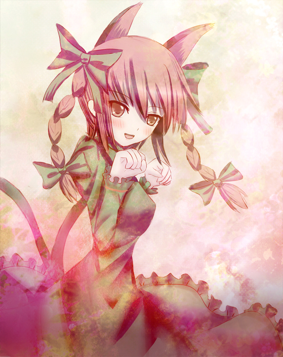 non (nobu), kaenbyou rin, touhou, 1girl, animal ears, blush, bow, braid, brown eyes, cat ears, cat girl, cat tail, female focus, hair bow, multiple hair bows, multiple tails, open mouth, paw pose, red eyes, red hair, solo, tail, twin braids