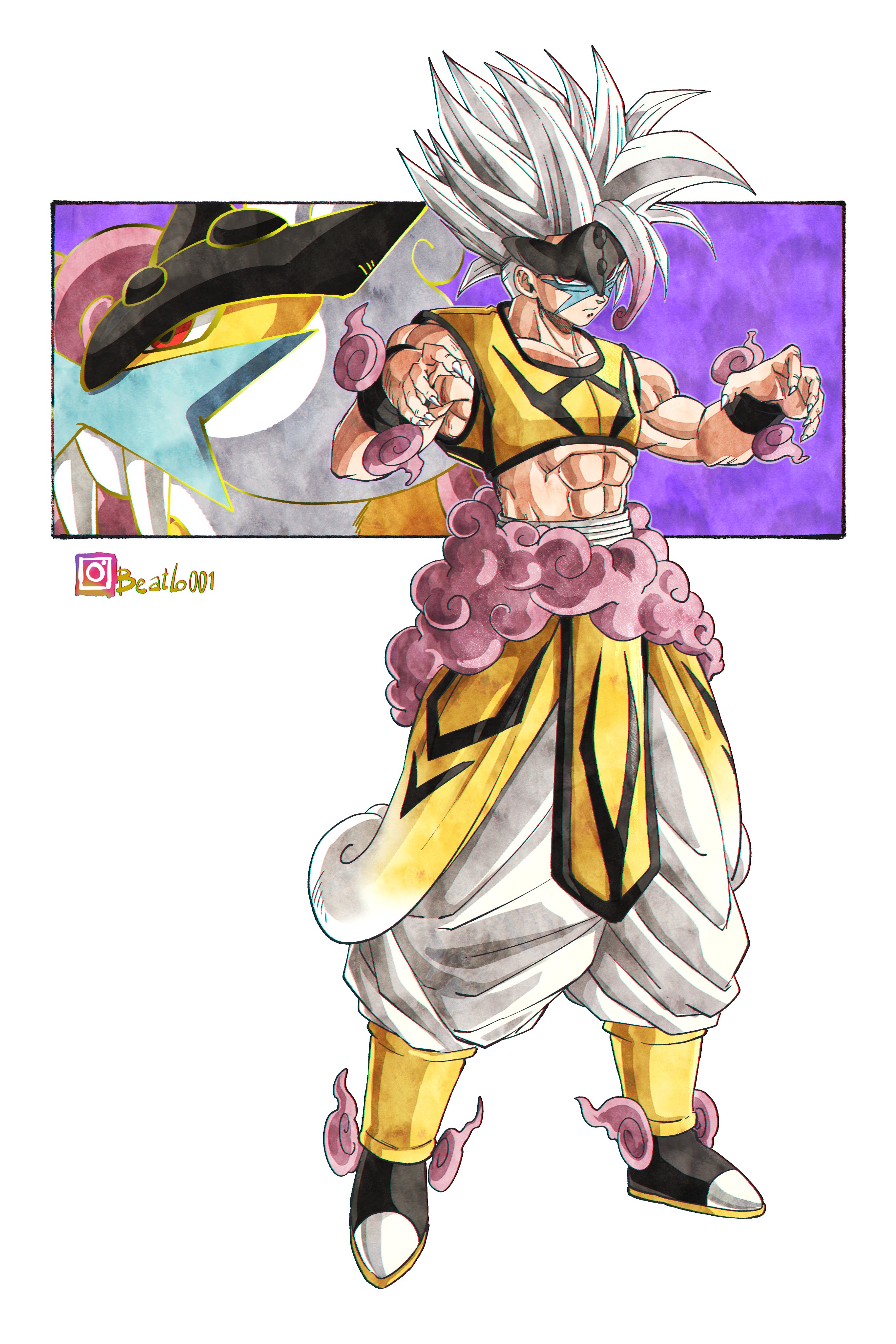 beatlo (rodrigo38658978), raikou, dragon ball, nintendo, pokemon, absurdres, highres, 1boy, abs, creature and personification, crop top, facial mark, fangs, fingernails, forehead protector, full body, gen 2 pokemon, instagram username, legendary pokemon, looking at viewer, male focus, muscular, muscular female, pants, personification, pokemon (creature), red eyes, sash, sharp fingernails, shirt, sleeveless, sleeveless shirt, spiked hair, toriyama akira (style), white hair, white pants, wristband