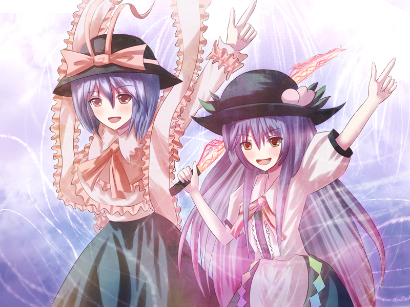 non (nobu), hinanawi tenshi, nagae iku, saturday night fever, touhou, 2girls, blue hair, blush, bow, female focus, food, fruit, hat, long hair, multiple girls, open mouth, peach, pink eyes, red eyes, scarf, shawl, sword, sword of hisou, weapon