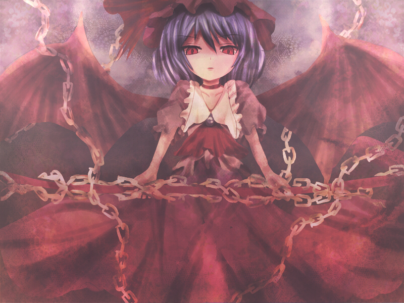 non (nobu), remilia scarlet, touhou, 1girl, blue hair, chain, female focus, hat, red eyes, solo, wings