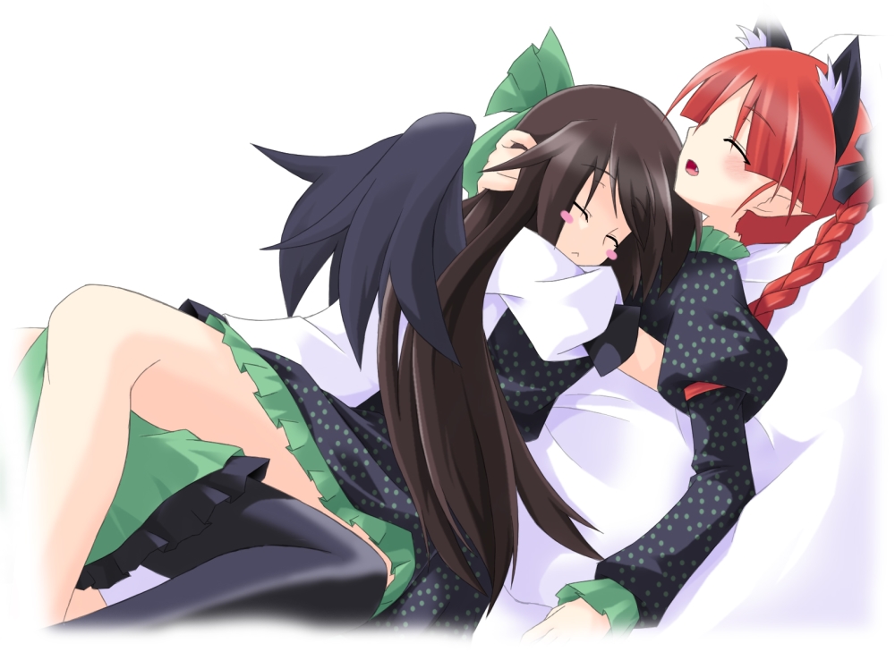 gumoyu, kaenbyou rin, reiuji utsuho, touhou, bad id, bad pixiv id, 2girls, animal ears, blush stickers, braid, brown hair, cat ears, cat girl, closed eyes, fang, female focus, hug, long hair, multiple girls, pantyhose, red hair, sleeping, twin braids, wings, yuri