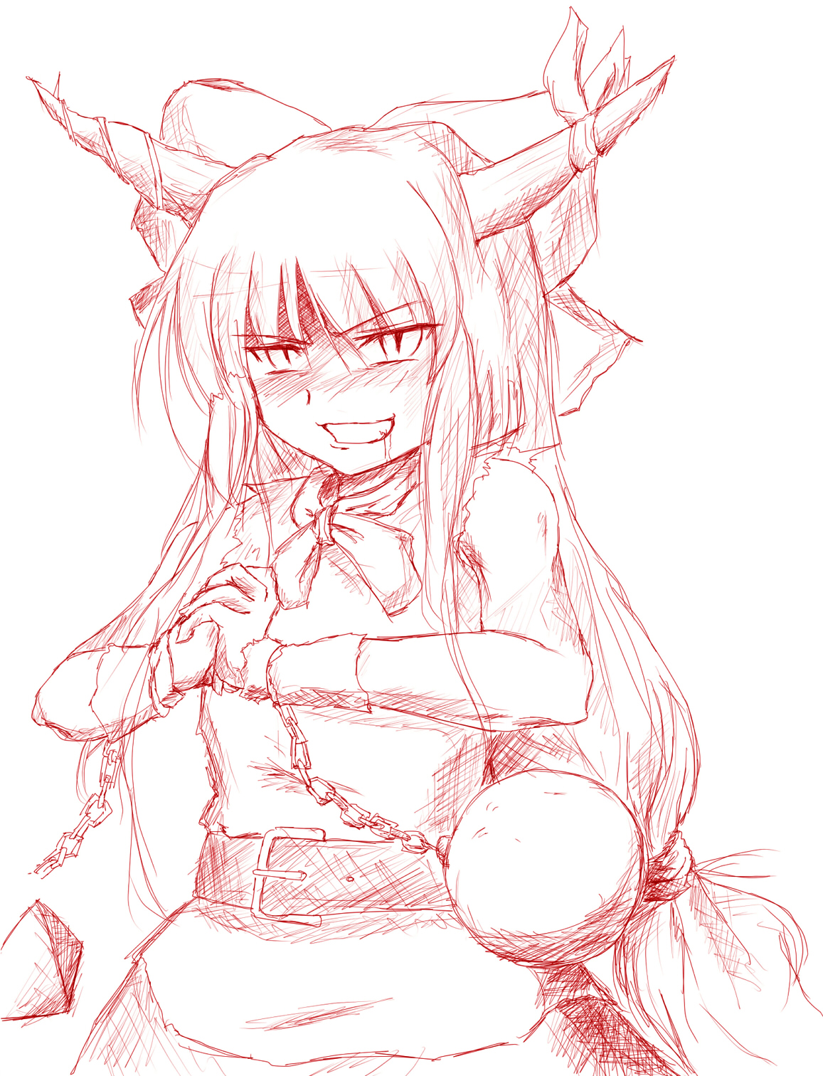 beegle, biiguru vs kaze, ibuki suika, touhou, bad id, bad pixiv id, highres, 1girl, chain, dress, female focus, hair ribbon, horns, long hair, monochrome, ribbon, sketch, solo, white background