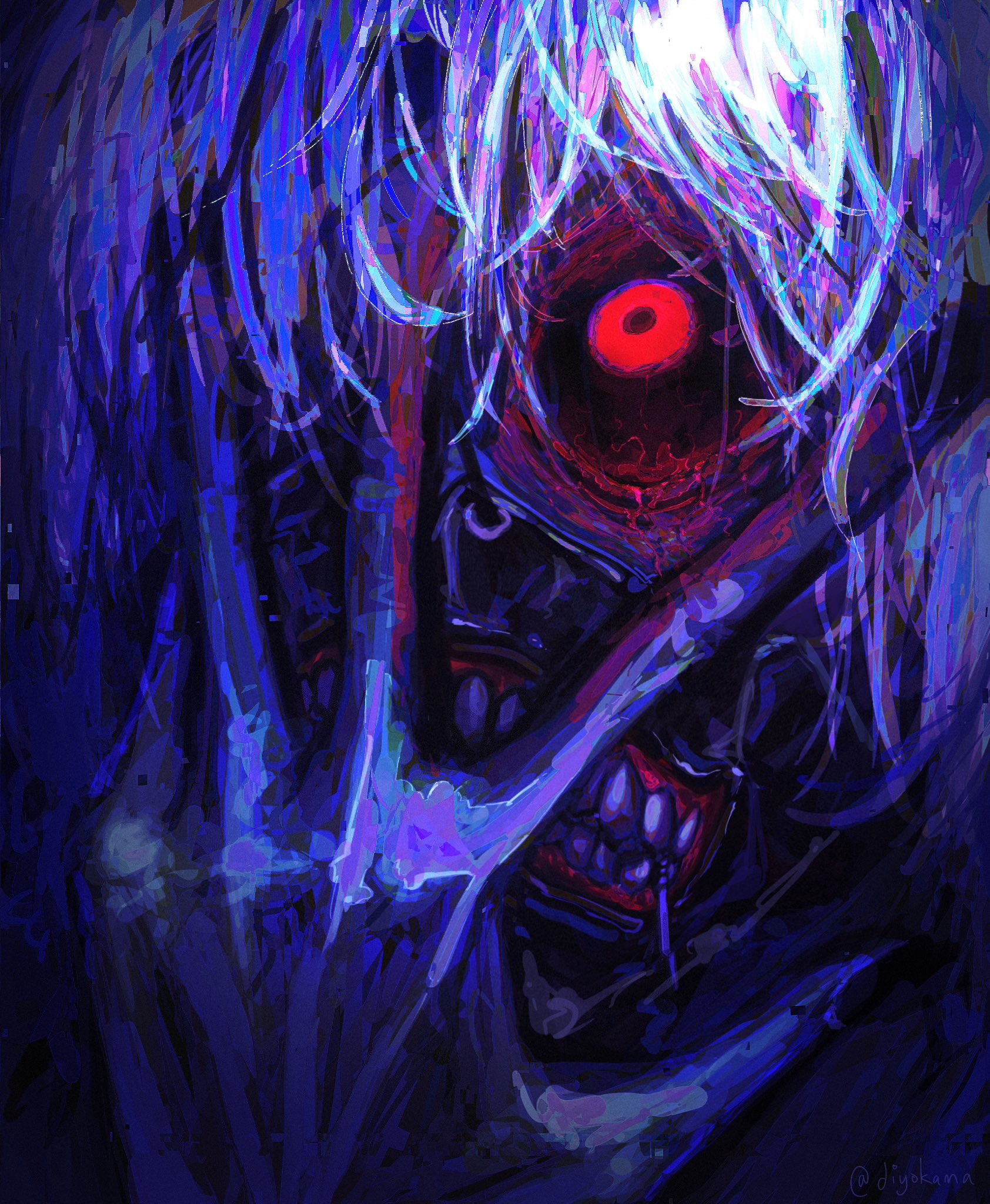 diyokama, kaneki ken, tokyo ghoul, hashtag-only commentary, highres, 1boy, black mask, black nails, black sclera, blood, bloody tears, blue theme, colored sclera, crazy eyes, fingernails, gums, hand on own face, limited palette, long bangs, long fingernails, looking up, male focus, mask, portrait, red eyes, short hair, solo, teeth, white hair, zipper pull tab