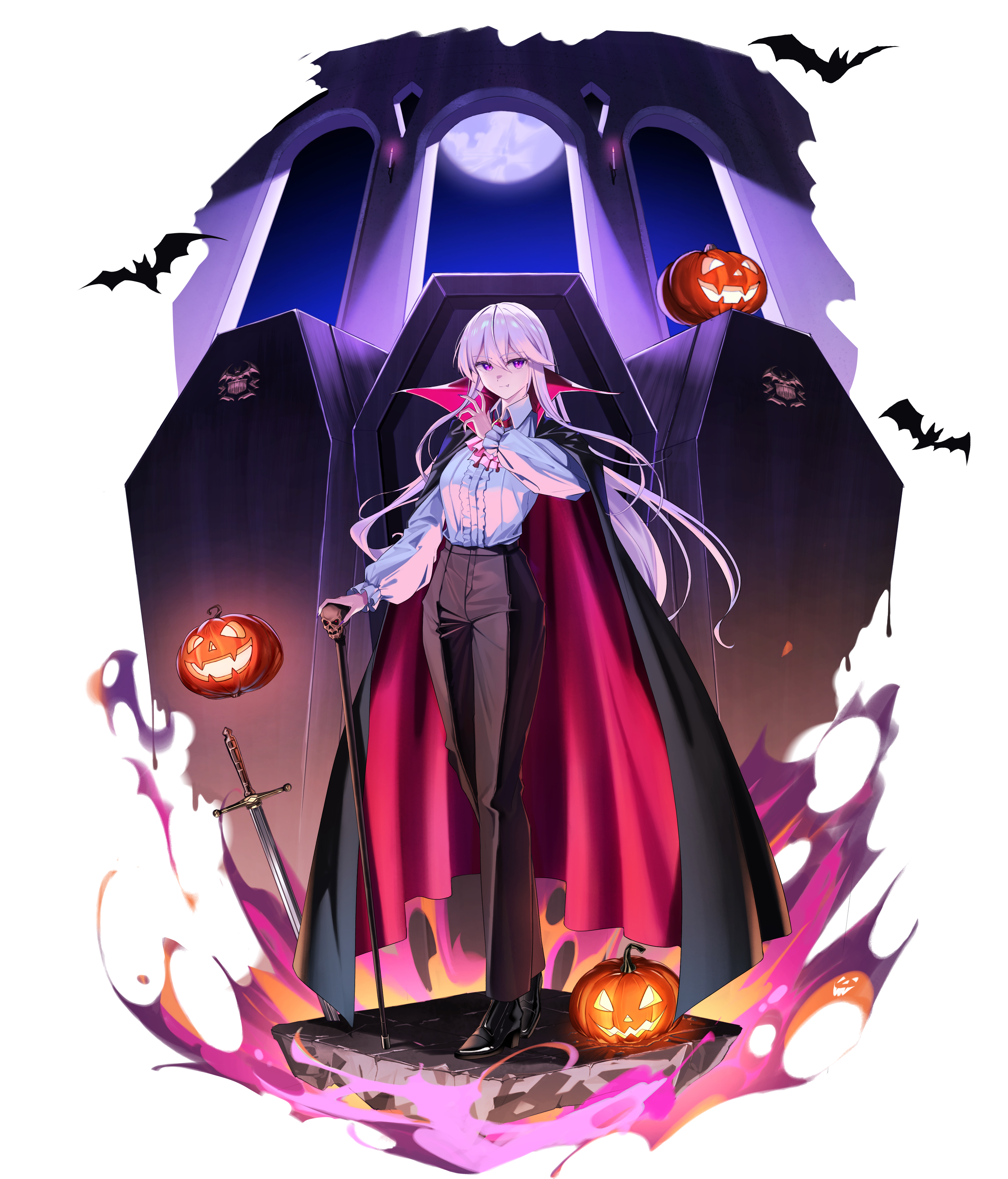 rubisco, enterprise (azur lane), azur lane, absurdres, commentary request, highres, 1girl, alternate costume, ascot, bat (animal), black boots, black cape, black pants, boots, breasts, cape, closed mouth, coffin, collared shirt, fang, fingernails, full body, hair between eyes, halloween, halloween costume, high heel boots, high heels, indoors, jack-o'-lantern, long fingernails, long hair, long sleeves, looking at viewer, medium breasts, moon, moonlight, night, night sky, pants, pink ascot, pink pupils, puffy long sleeves, puffy sleeves, purple eyes, purple nails, red cape, shirt, shirt tucked in, simple background, skull, sky, slit pupils, smile, smoke, solo, standing, sword, two-sided cape, two-sided fabric, vampire, vampire costume, very long hair, weapon, white background, white hair, white shirt, window