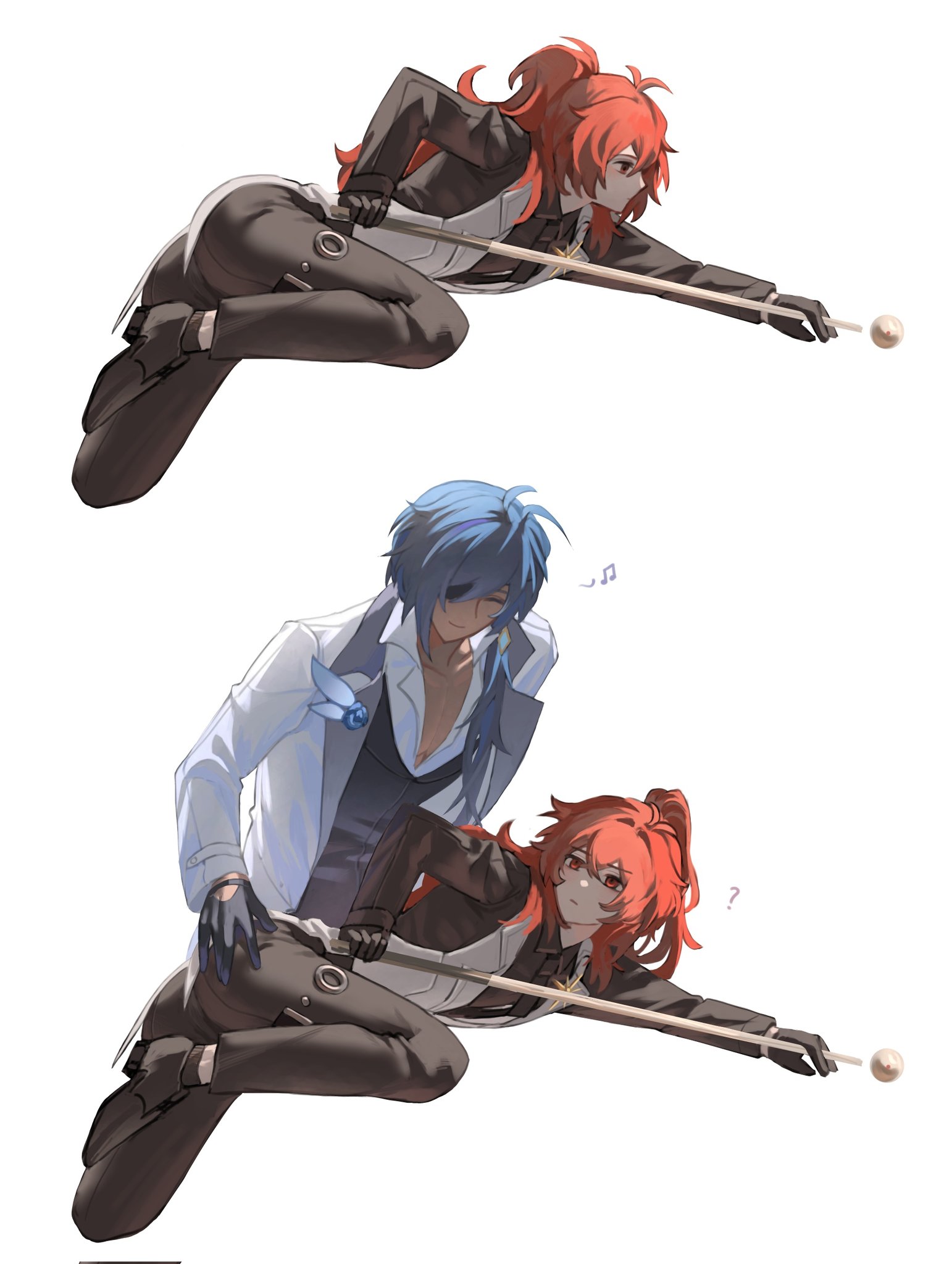 zehuij, diluc (genshin impact), kaeya (genshin impact), genshin impact, highres, 2boys, ?, ass, black pants, closed eyes, closed mouth, cropped legs, dark-skinned male, dark skin, eyepatch, hair between eyes, hand on another's ass, holding cue stick, inseki, long hair, long sleeves, male focus, multiple boys, musical note, pants, ponytail, red eyes, red hair, simple background, spoken musical note, white background, yaoi