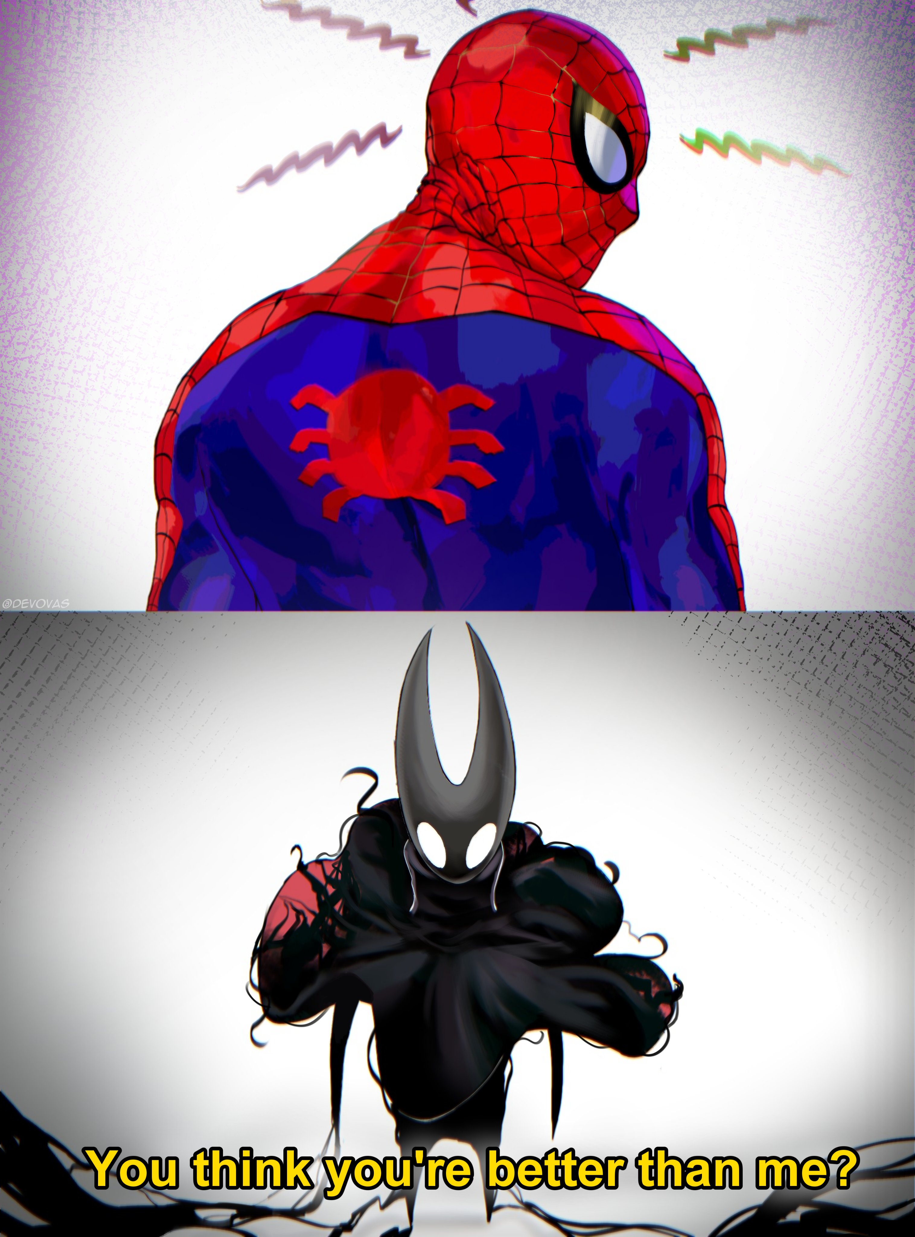 devovas, hornet (hollow knight), spider-man, hollow knight, hollow knight: silksong, marvel, spider-man (series), absurdres, highres, 1boy, 1girl, animal print, arthropod girl, back, bodysuit, cloak, crossover, english text, mask, red cloak, spider-sense (spider-man), spider print, spider web print, superhero costume, trait connection