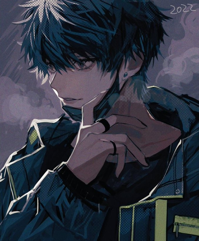 fuji 166, original, commentary request, 1boy, black eyes, black hair, black jacket, black mask, breath, earrings, grey background, hand up, jacket, jewelry, looking to the side, male focus, mask, mask pull, mouth mask, multiple rings, ring, short hair, solo, surgical mask, upper body