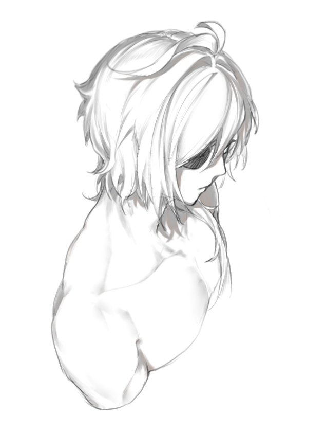zehuij, kaeya (genshin impact), genshin impact, hashtag-only commentary, 1boy, closed mouth, collarbone, cropped torso, eyepatch, from above, greyscale, long hair, male focus, monochrome, nude, simple background, solo, white background
