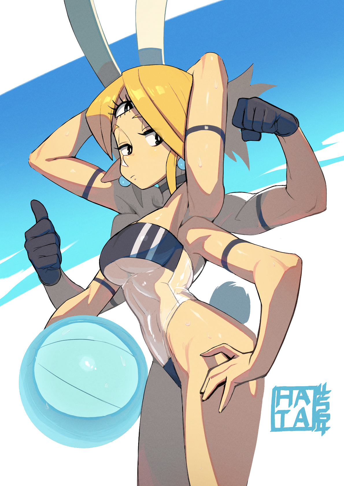 hata4564, original, highres, 1girl, animal ears, arm strap, arms behind head, ball, beachball, black eyes, black gloves, blonde hair, breasts, choker, earrings, extra arms, flexing, gloves, gris swimsuit, hand on own hip, highleg, highleg one-piece swimsuit, jewelry, medium breasts, one-piece swimsuit, parted bangs, pointy ears, ponytail, rabbit ears, see-through clothes, see-through one-piece swimsuit, short hair, small breasts, solo, strapless, strapless one-piece swimsuit, swimsuit, third eye, thumbs up, underboob