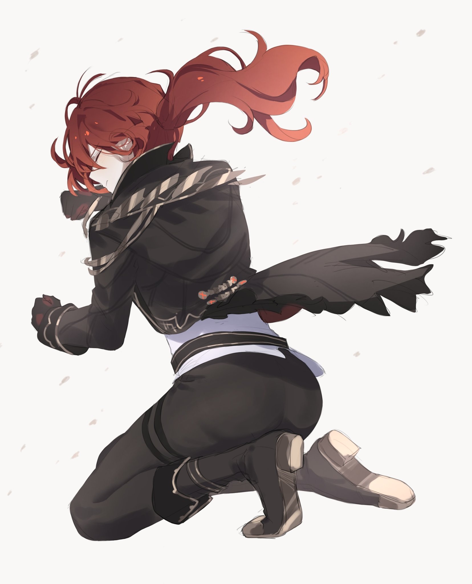 zehuij, diluc (genshin impact), genshin impact, commentary request, highres, 1boy, ass, black gloves, closed eyes, closed mouth, from behind, gloves, kneeling, long hair, male focus, ponytail, red eyes, red hair, shoe soles, simple background, solo, white background