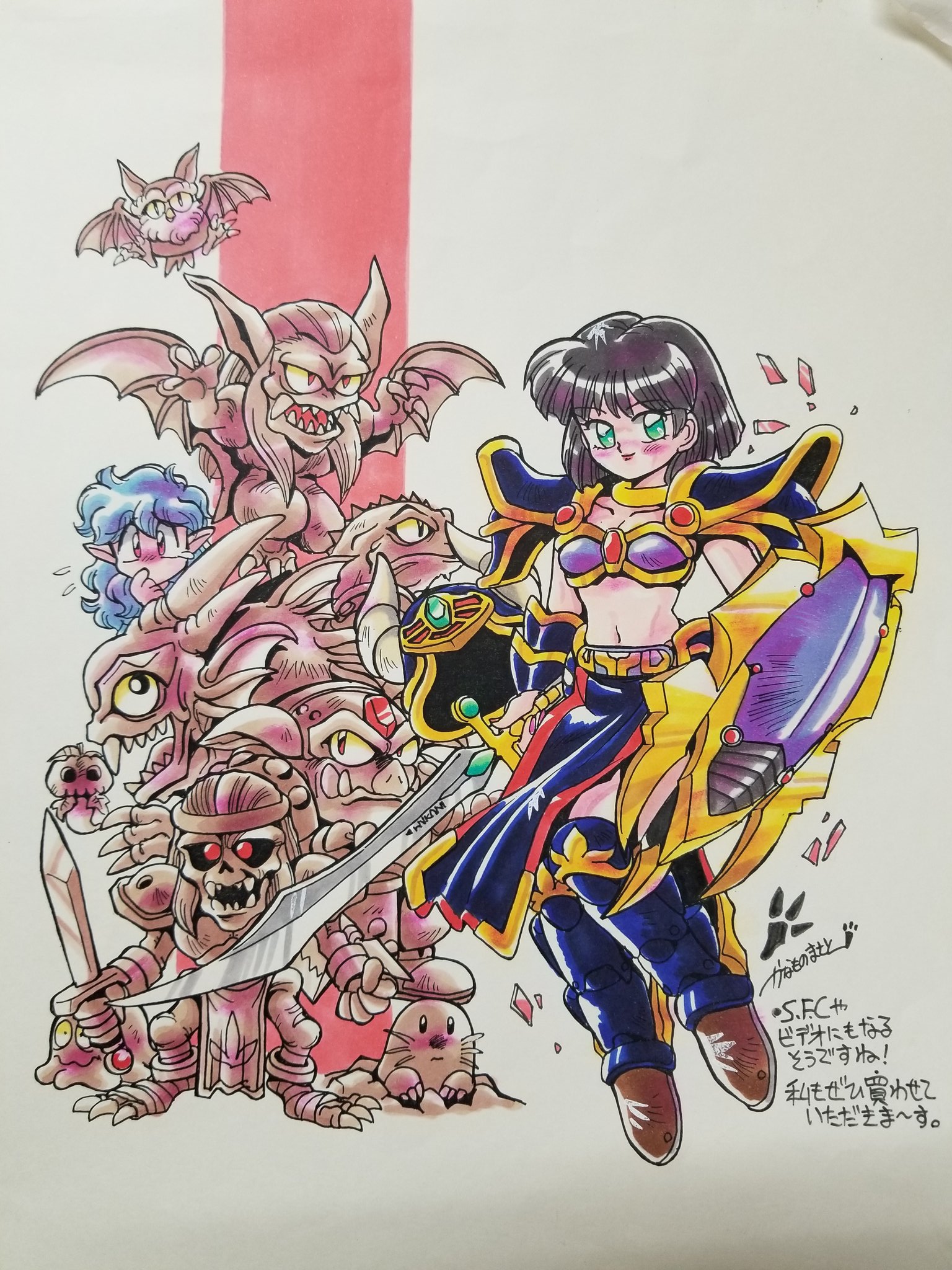 kokomahi, kouryuu densetsu villgust, commentary request, highres, official art, traditional media, 2girls, animal, armor, armored boots, artist name, banshee (villgust), bat wings, beard, bikini armor, black armor, black hair, blue hair, boots, bracer, brown boots, claws, closed mouth, collarbone, colored sclera, demon wings, facial hair, fake horns, finger to mouth, fins, flying sweatdrops, ghost, ghost tail, green eyes, head fins, helmet, holding, holding shield, holding sword, holding weapon, horned helmet, horns, jewelry, long hair, mole (animal), multiple girls, nail polish, navel, neck ring, open mouth, pelvic curtain, pink nails, pointy ears, pumpkin head, red eyes, ruciese (villgust), sharp teeth, shield, short hair, skeleton, slit pupils, smile, standing, sword, teeth, unworn headwear, unworn helmet, weapon, wings, yellow sclera