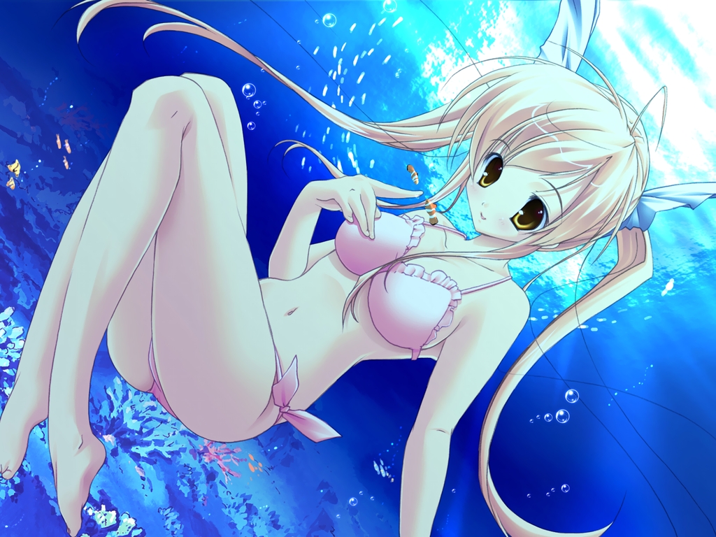 mikeou, original, non-web source, 1girl, barefoot, bikini, blonde hair, feet, female focus, fish, long hair, side-tie bikini bottom, solo, swimsuit, twintails, underwater, yellow eyes