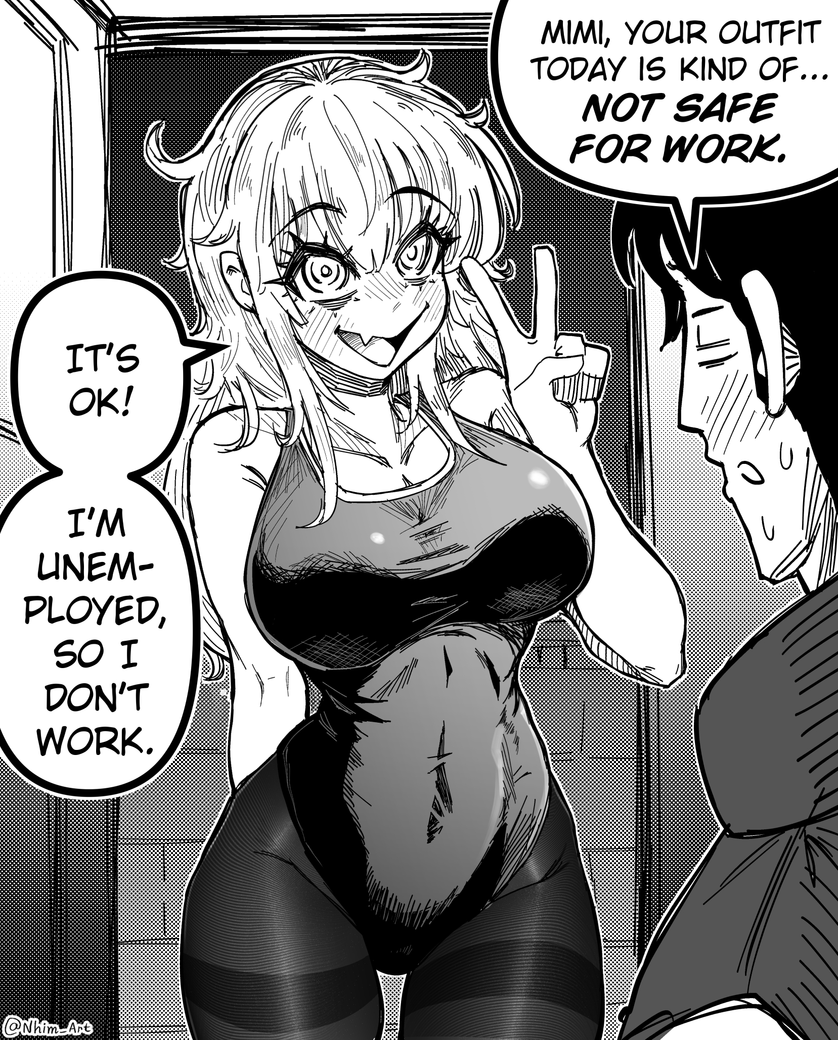 nhim, mimi (nhim), roy (nhim), original, commentary, english commentary, highres, 1boy, 1girl, @ @, arm behind back, artist name, blush, breasts, covered navel, doorway, english text, fang, greyscale, large breasts, leotard, long hair, monochrome, open mouth, pantyhose, pantyhose under swimsuit, skin fang, skin tight, sweat, swimsuit, thigh gap, v, wide hips