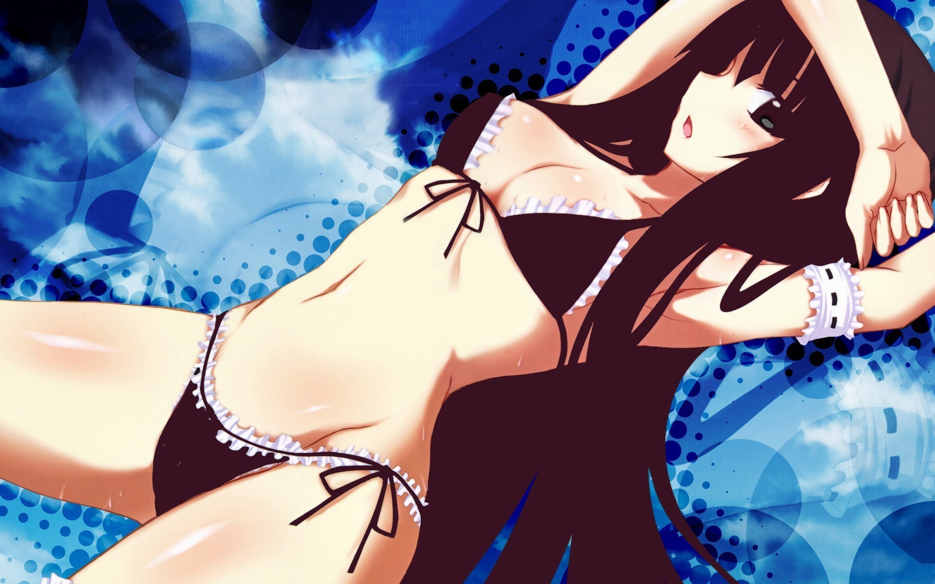 jema, houraisan kaguya, touhou, highres, third-party edit, 1girl, arm garter, armpits, bikini, black bikini, black eyes, black hair, blunt bangs, blush, female focus, frilled bikini, frills, front-tie top, hime cut, long hair, side-tie bikini bottom, solo, sweat, swimsuit