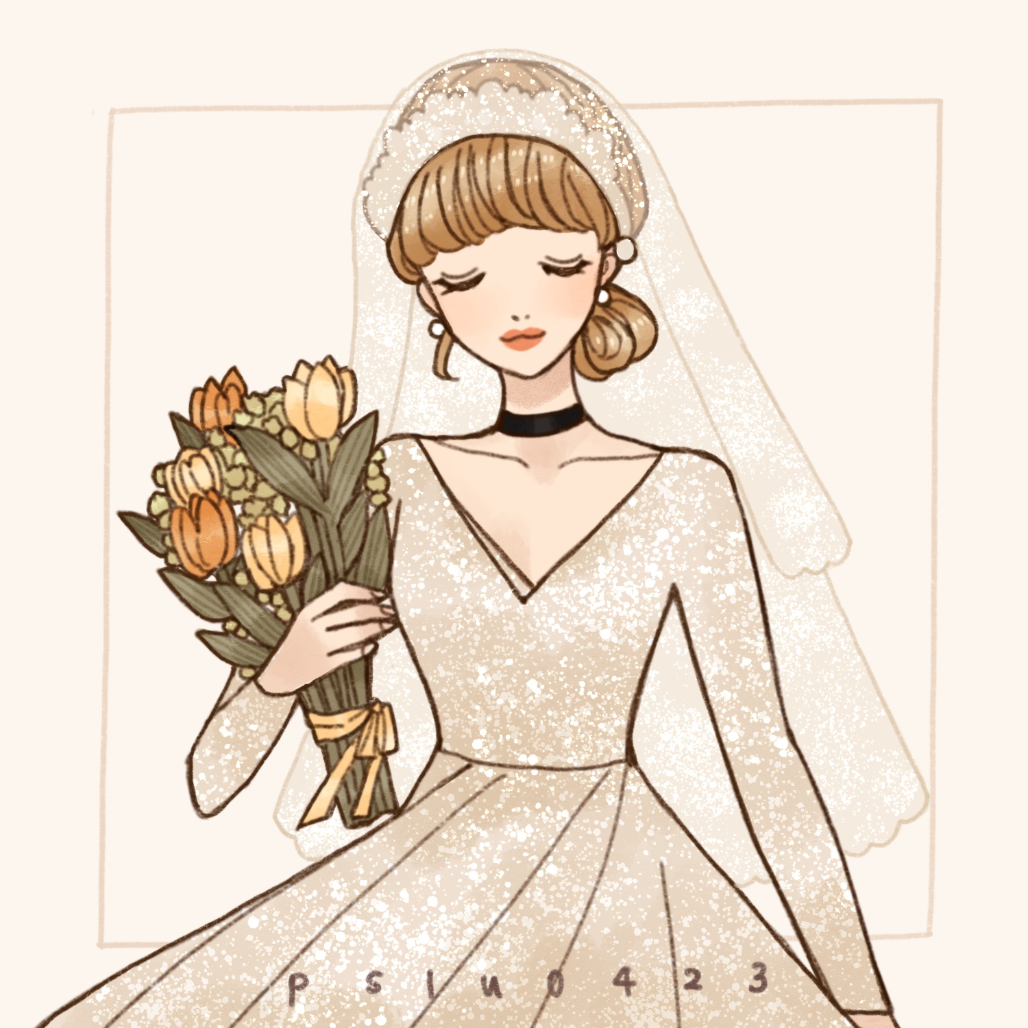 peilu (pslu0423), cinderella (disney character), cinderella (disney movie), highres, 1girl, animification, blonde hair, closed eyes, closed mouth, dress, jewelry, long sleeves, makeup, princess, red lips, simple background, sleeveless, sleeveless dress, smile, solo, tiara, white dress