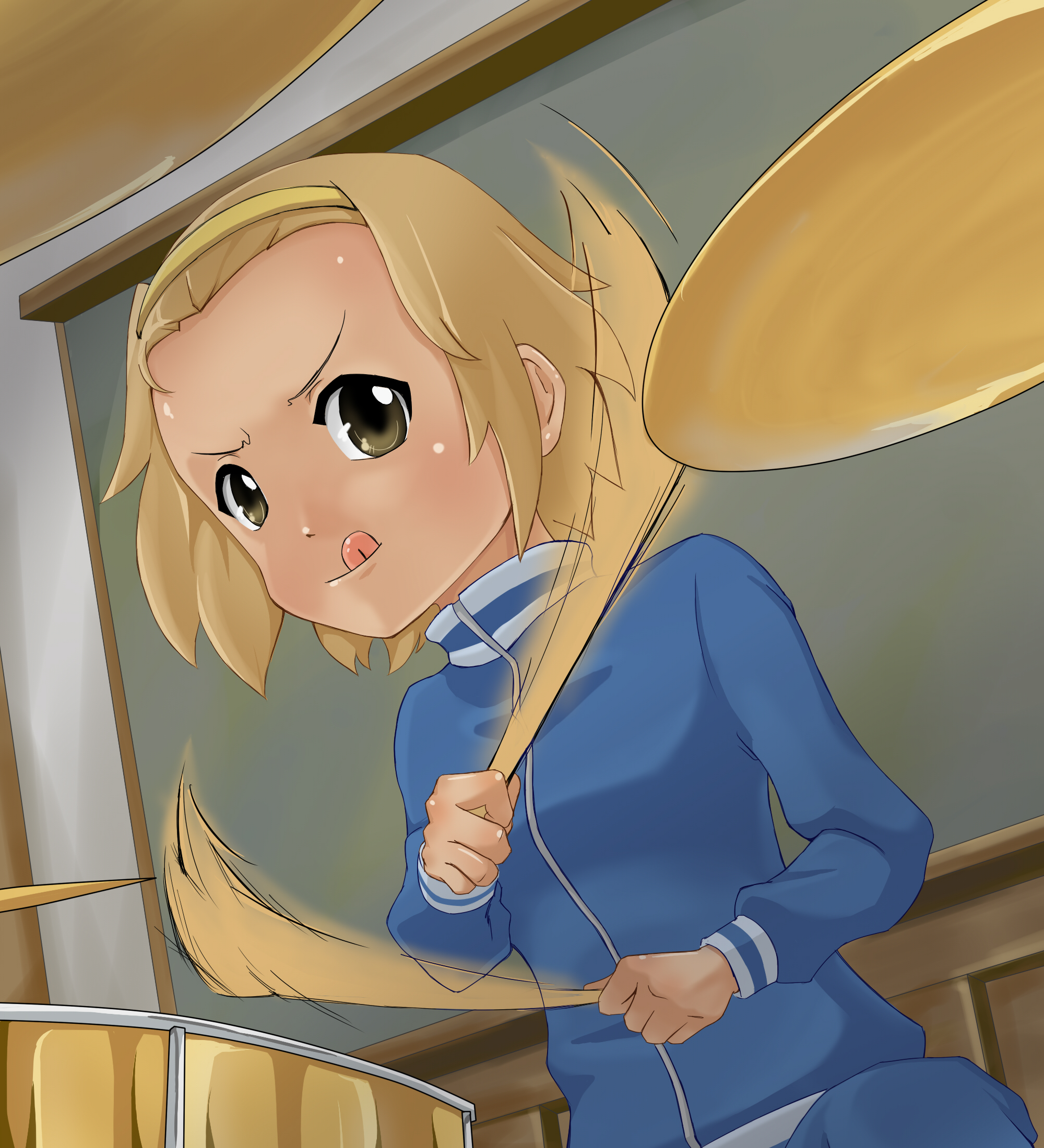 ojisan-t, tainaka ritsu, k-on!, bad id, bad pixiv id, highres, 00s, 1girl, brown eyes, brown hair, cymbals, dark-skinned female, dark skin, drum, drum set, drumming, female focus, hairband, indoors, instrument, short hair, solo, tongue, track suit