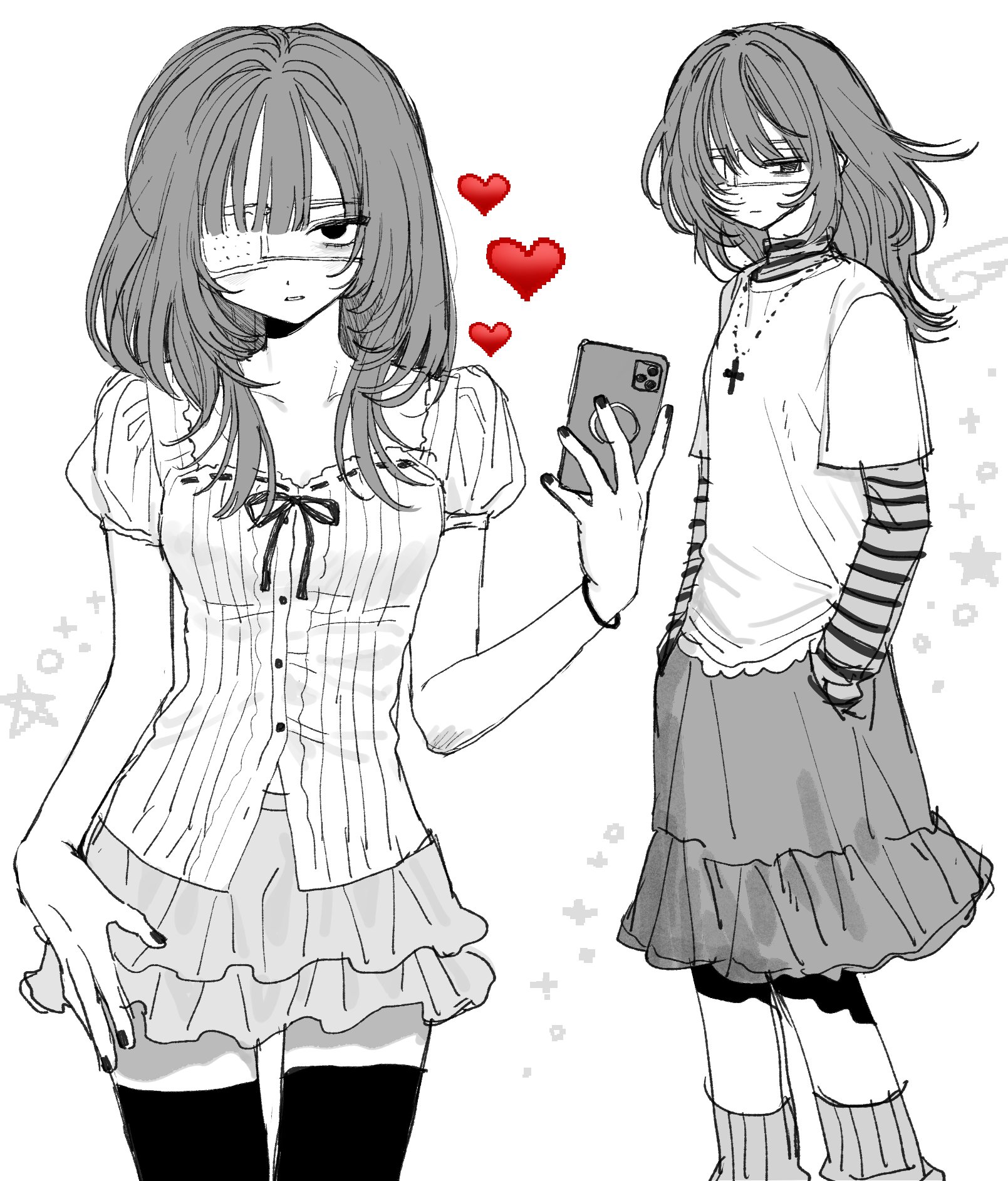 wayon154, original, highres, 2girls, bandages, bracelet, cellphone, greyscale, heart, jewelry, layered skirt, long hair, monochrome, multiple girls, nail polish, phone, shirt, short sleeves, skirt, smartphone, thighhighs