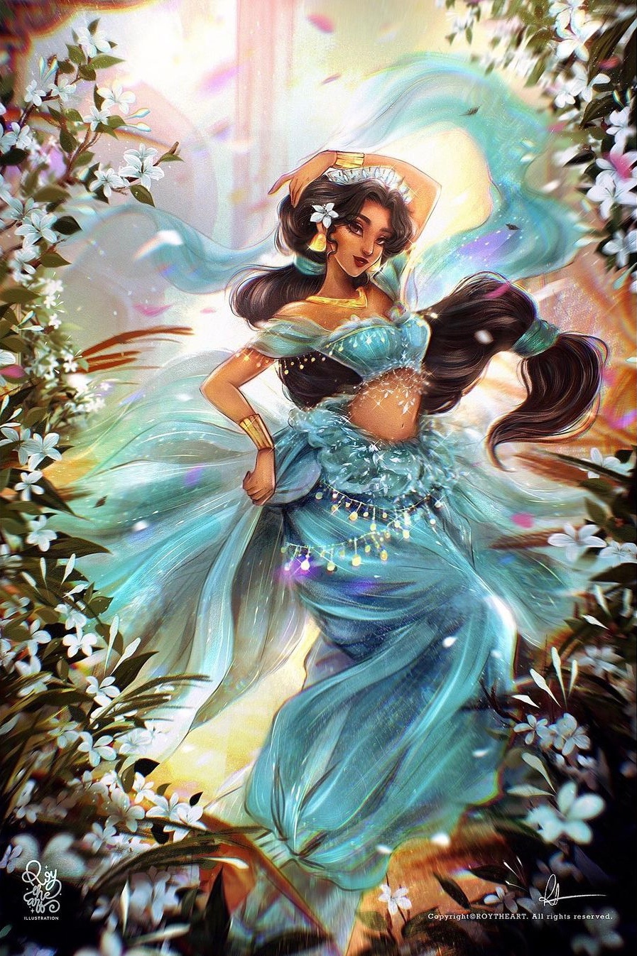 roytheart, jasmine (disney), aladdin (movie), highres, non-web source, source request, 1girl, arabian clothes, bare shoulders, black hair, breasts, brown eyes, dark-skinned female, dark skin, earrings, jewelry, long hair, looking at viewer, navel, necklace, shirt, smile, solo, very long hair