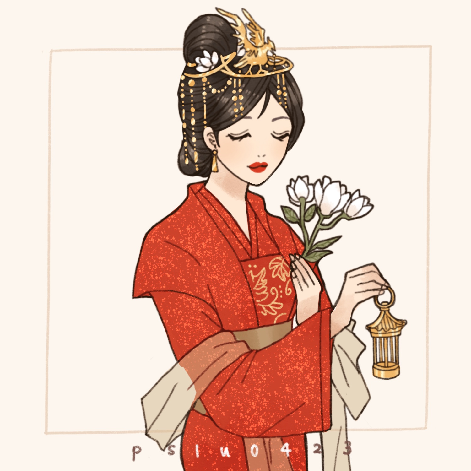 peilu (pslu0423), fa mulan (disney), mulan (movie), highres, 1girl, animification, black hair, closed eyes, closed mouth, dress, jewelry, long sleeves, makeup, princess, red lips, simple background, sleeveless, sleeveless dress, smile, solo, tiara, white dress