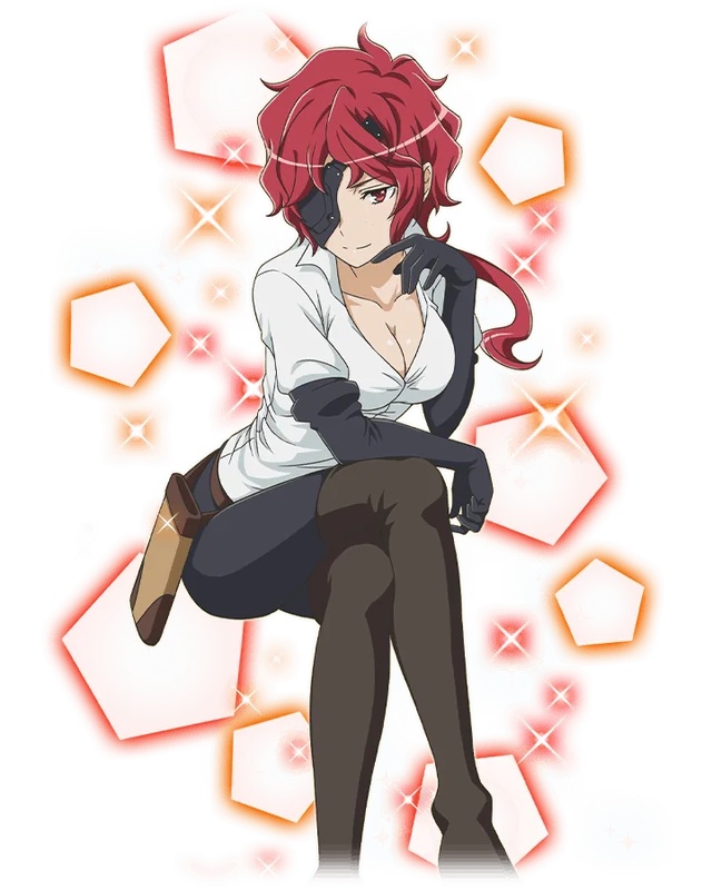 hephaistos (danmachi), dungeon ni deai wo motomeru no wa machigatteiru darou ka, official art, source request, 1girl, breasts, cleavage, eyepatch, large breasts, red hair, smile